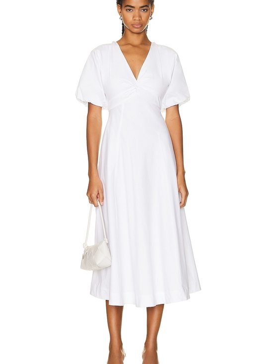STAUD Dresses & Skirts - Staud V-Neck Puff Sleeve Cotton Blend Finley Midi Dress White Size 4 $375 NWT